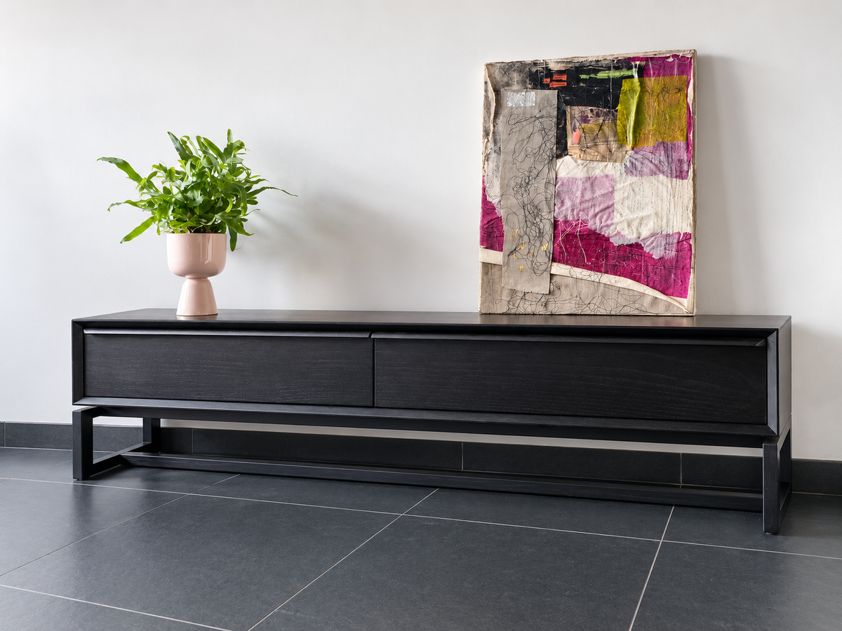 Ktwo Home zwart tv-meubel in interieur met plant en kunstwerk