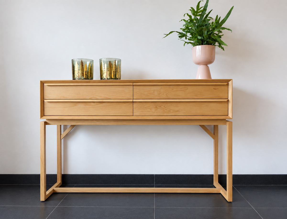 Ktwo Home naturel sidetable met vier laden, plant en twee glazen windlichten